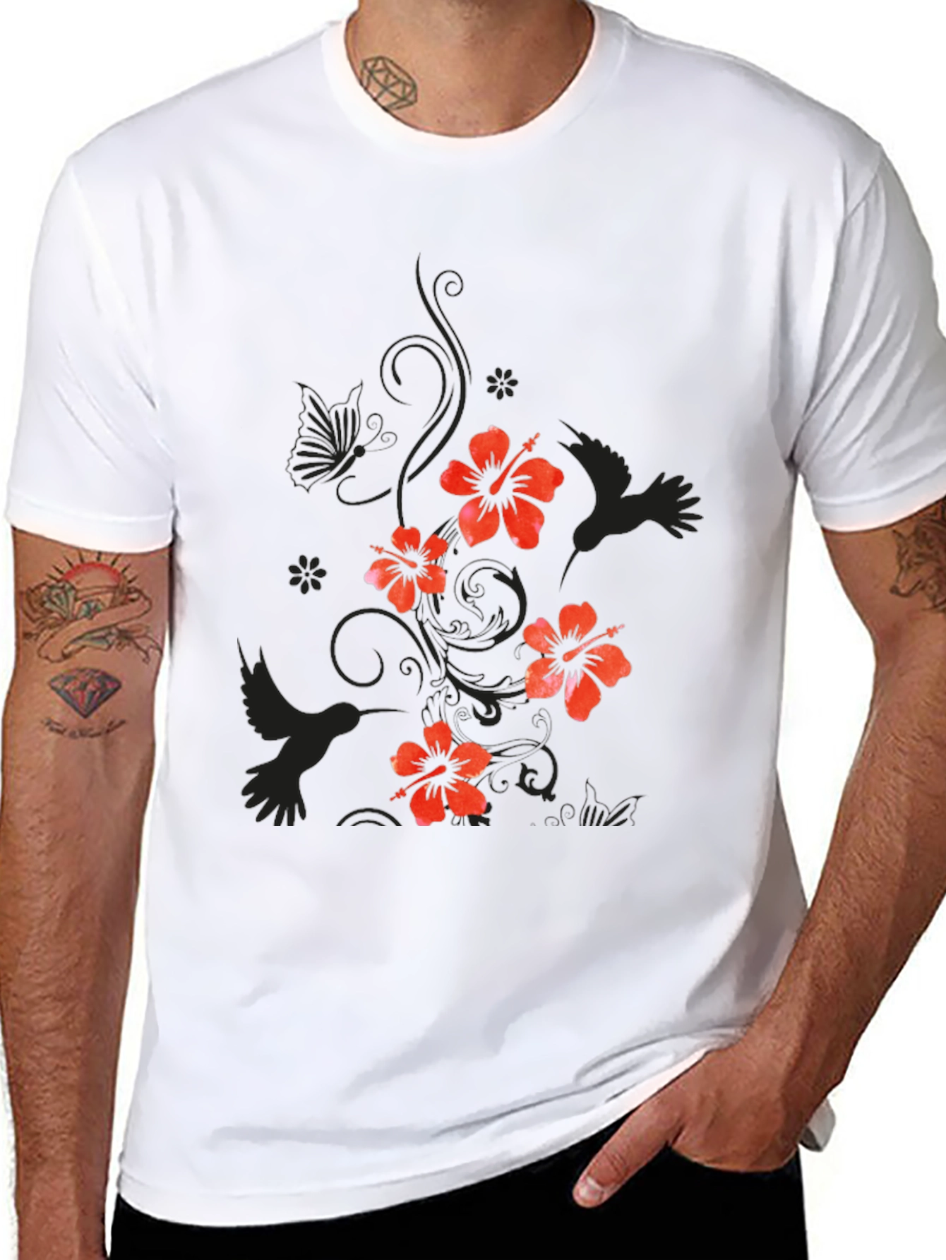 Mens Black Floral Hibiscus & Hummingbird T-Shirt