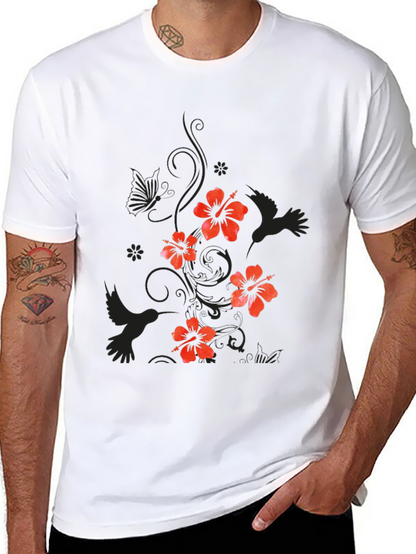 Mens Black Floral Hibiscus & Hummingbird T-Shirt