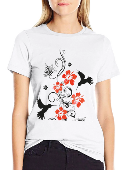 Mens Black Floral Hibiscus & Hummingbird T-Shirt