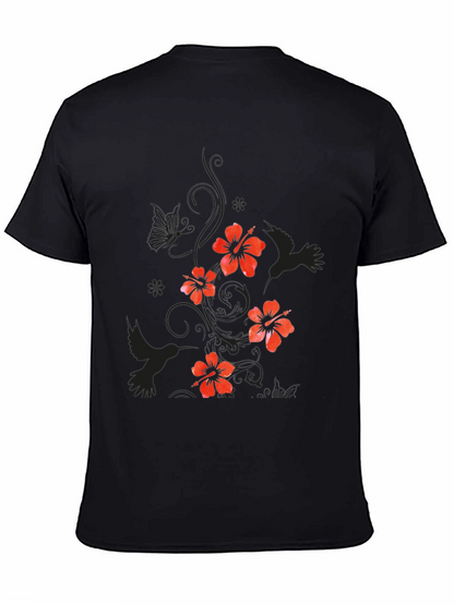 Mens Black Floral Hibiscus & Hummingbird T-Shirt