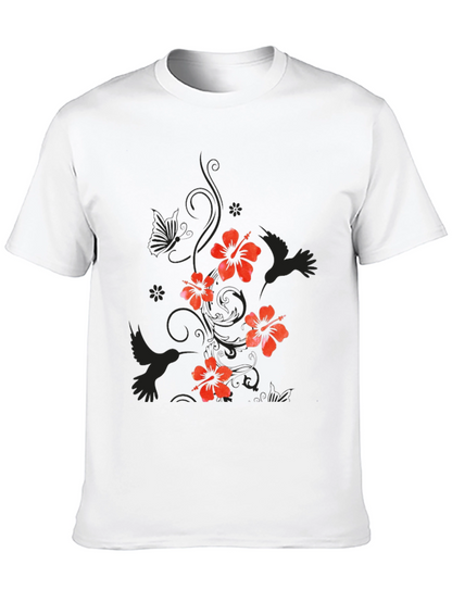 Mens Black Floral Hibiscus & Hummingbird T-Shirt