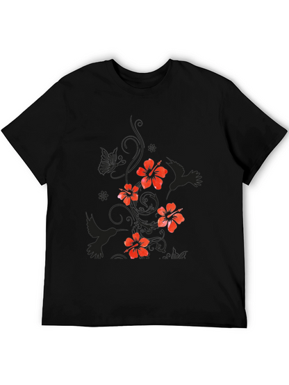 Mens Black Floral Hibiscus & Hummingbird T-Shirt