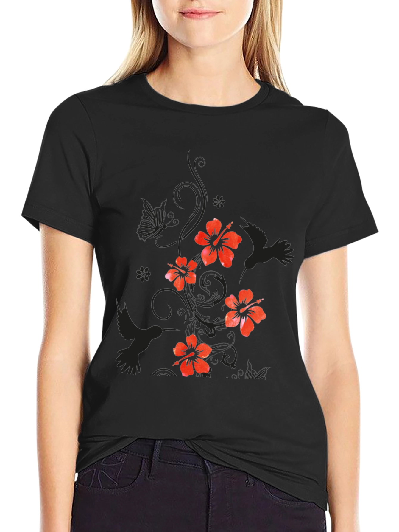Mens Black Floral Hibiscus & Hummingbird T-Shirt