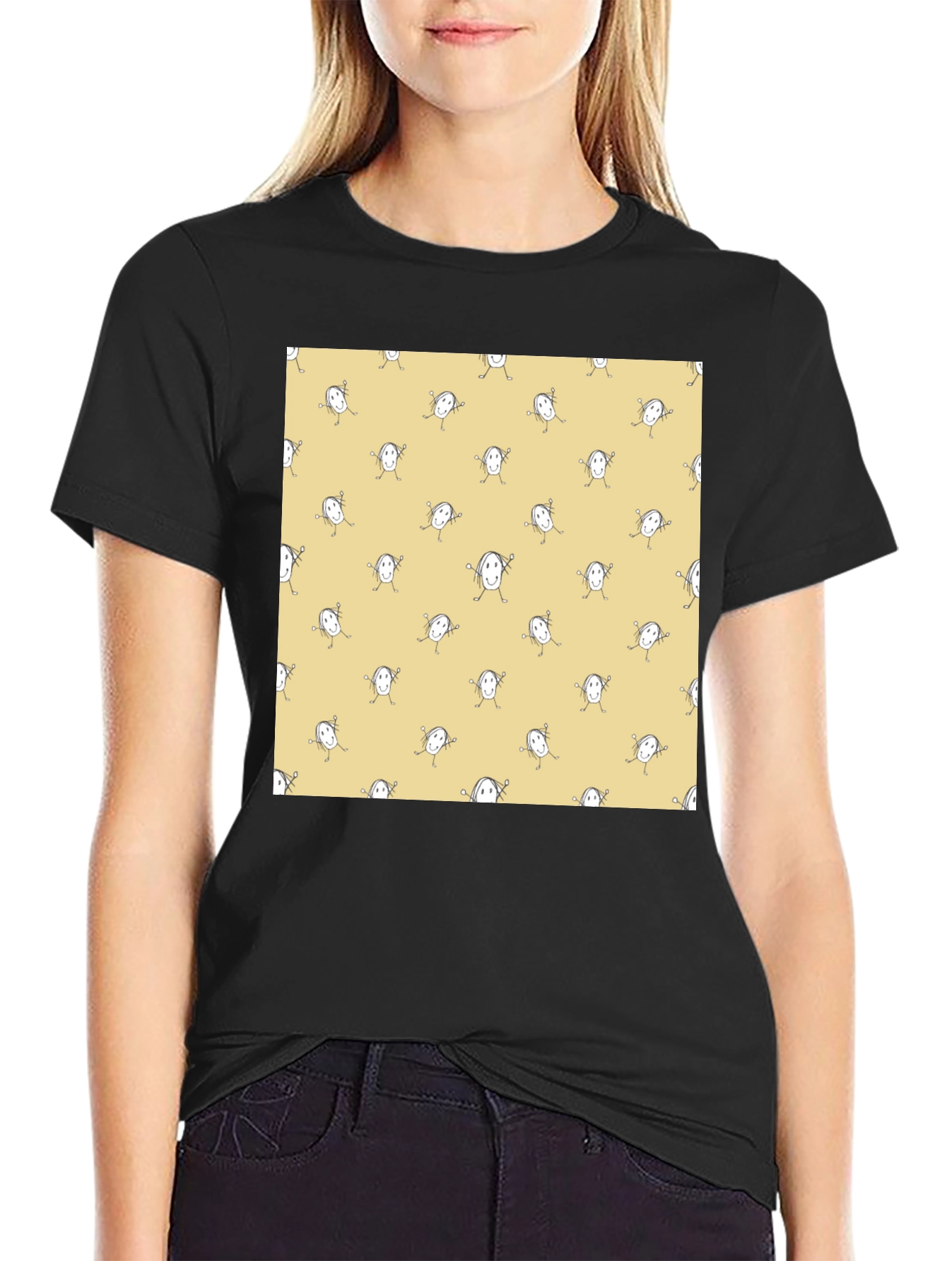 Funny Smiley Face Pattern Black T-Shirt