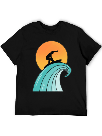 Surfer Wave Graphic Tee - Black Cotton T-Shirt