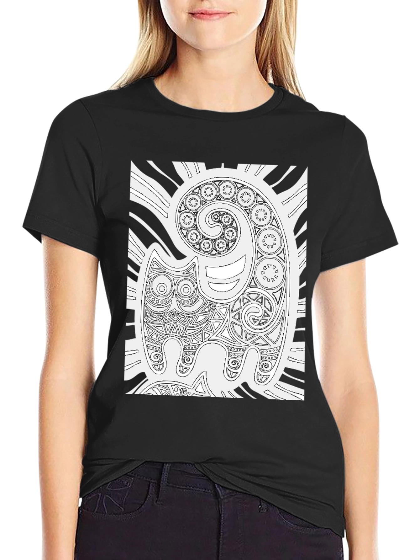 Tribal Cat Art Black T-Shirt