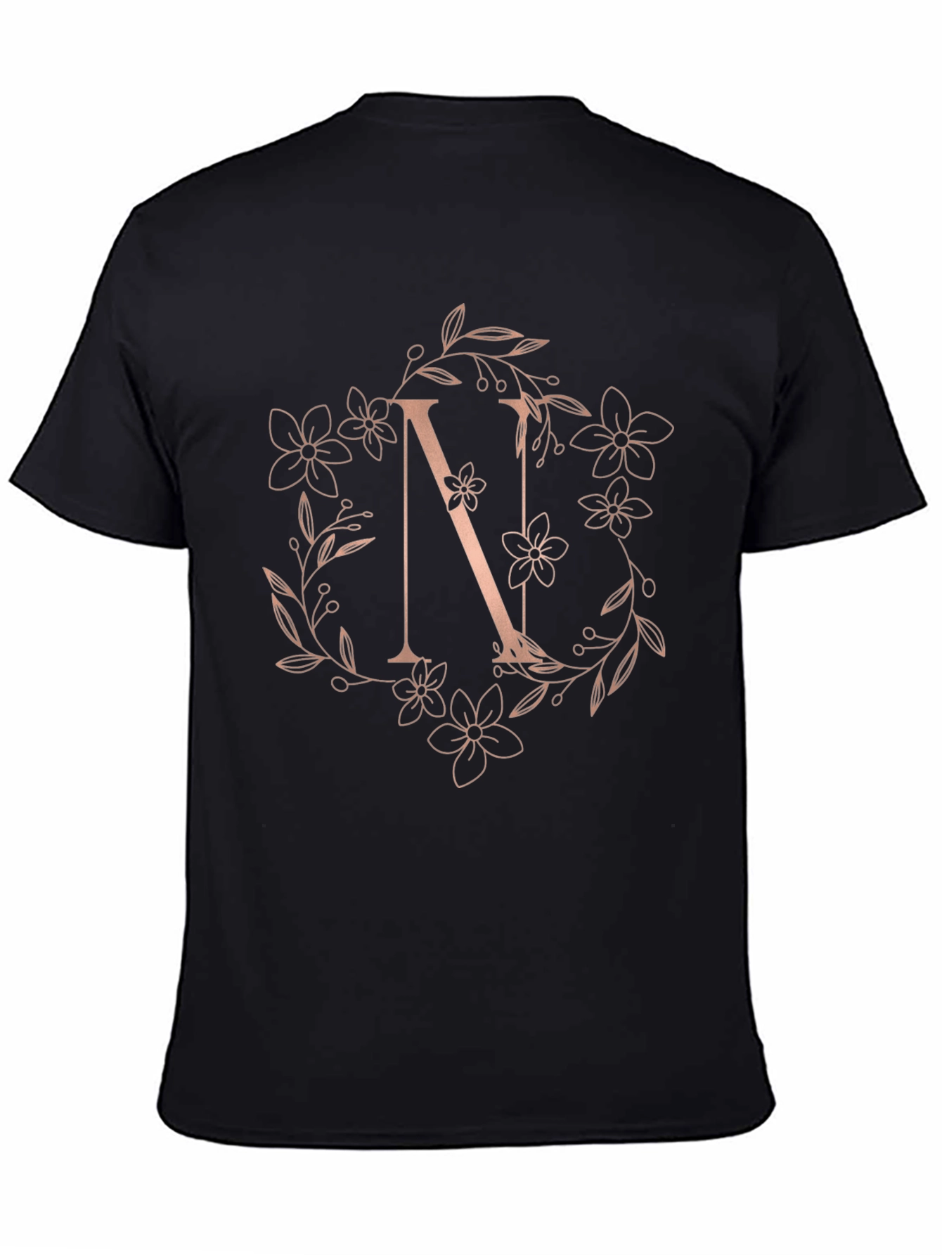 Floral Letter N Black T-Shirt