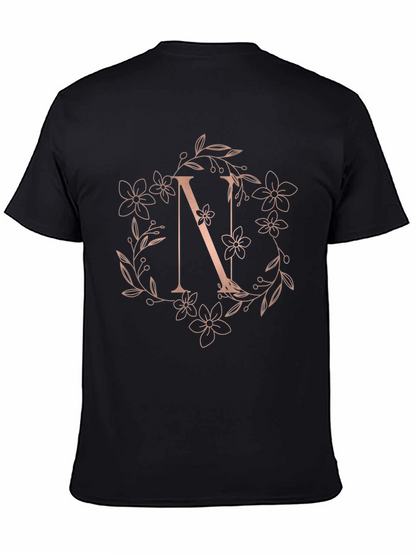 Floral Letter N Black T-Shirt