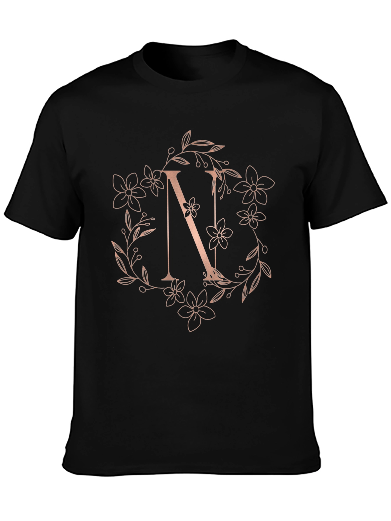 Floral Letter N Black T-Shirt
