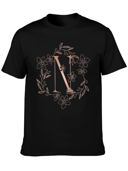Floral Letter N Black T-Shirt