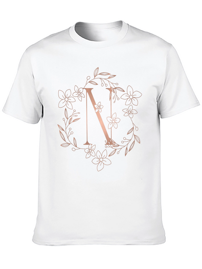 Floral Letter N Black T-Shirt