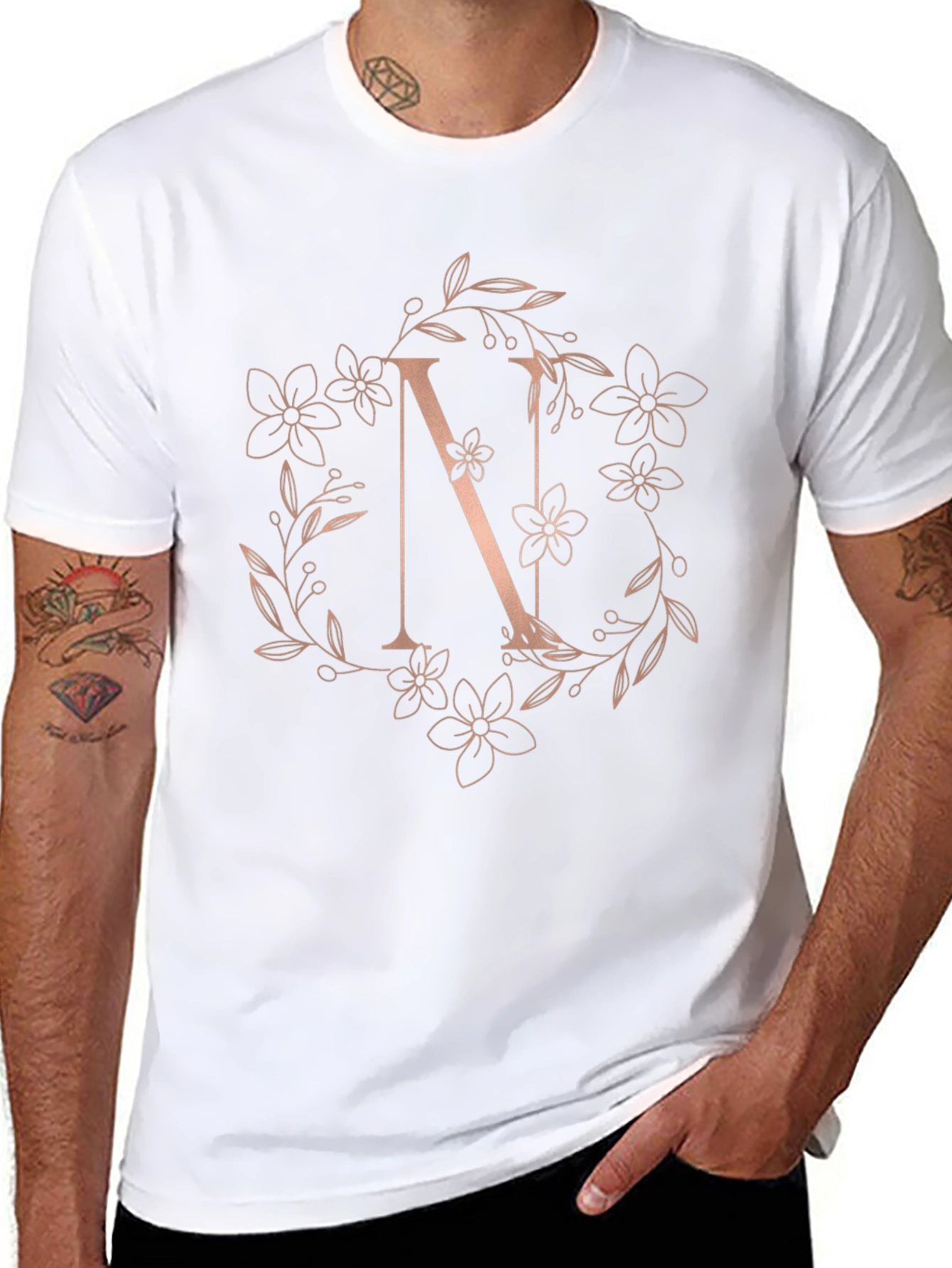 Floral Letter N Black T-Shirt
