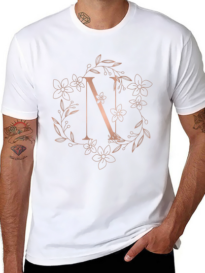 Floral Letter N Black T-Shirt