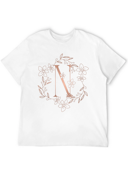 Floral Letter N Black T-Shirt