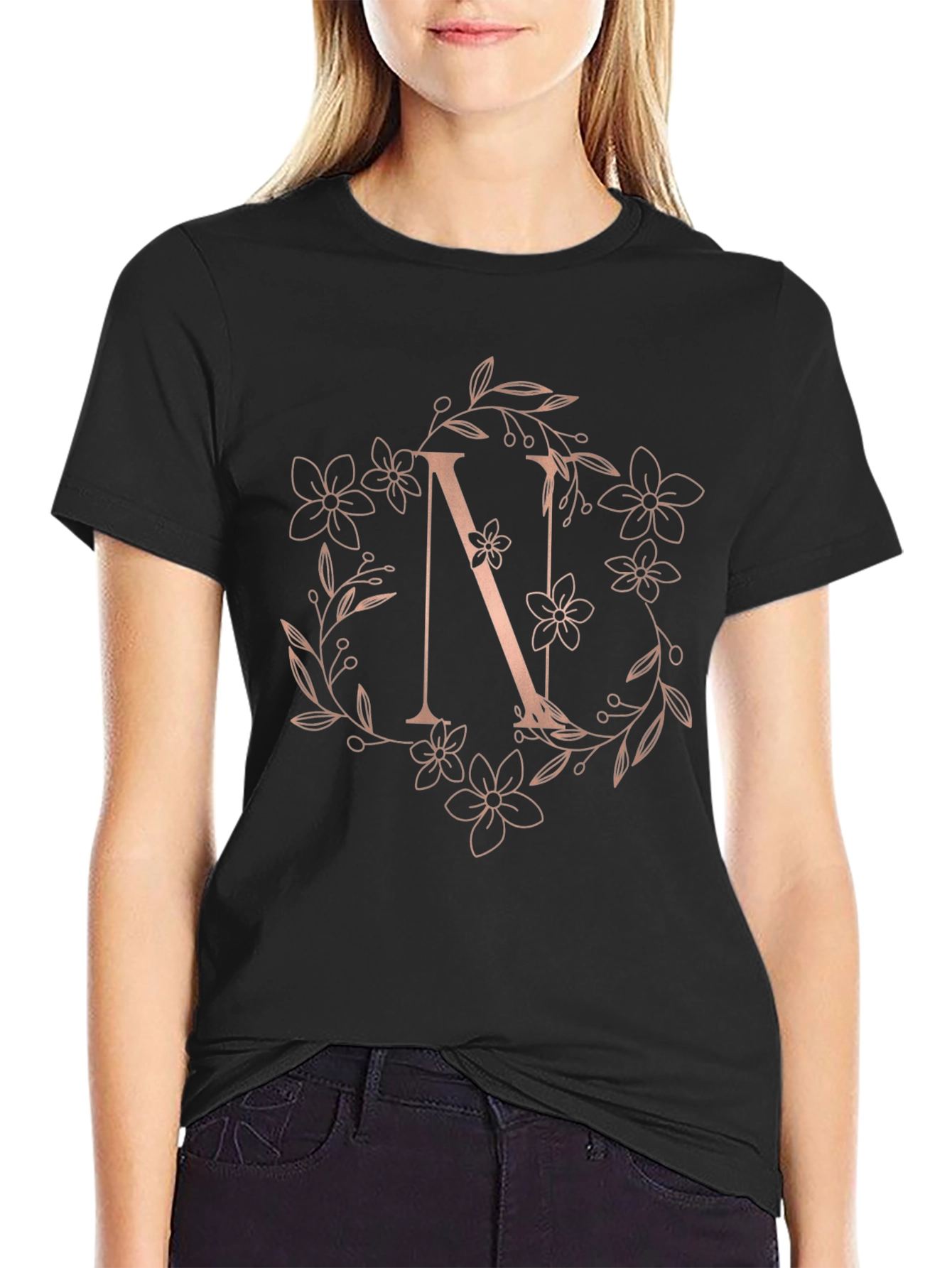Floral Letter N Black T-Shirt