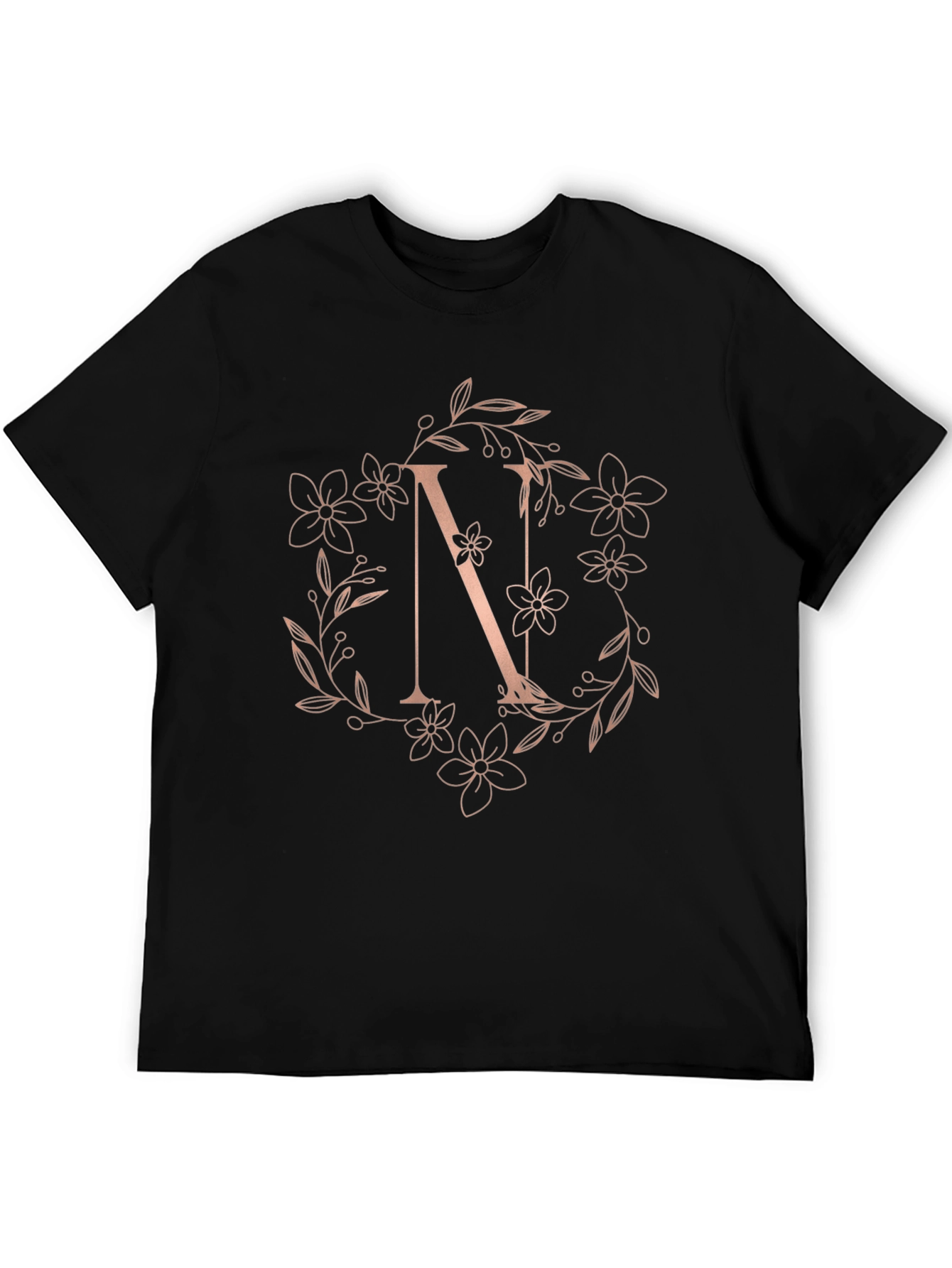 Floral Letter N Black T-Shirt