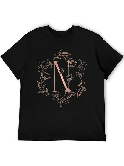 Floral Letter N Black T-Shirt