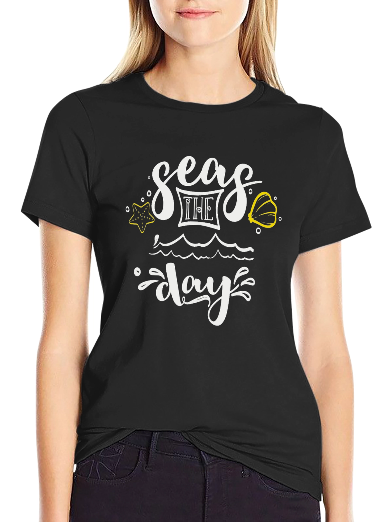 Seas The Day Graphic Tee - Black Cotton T-Shirt