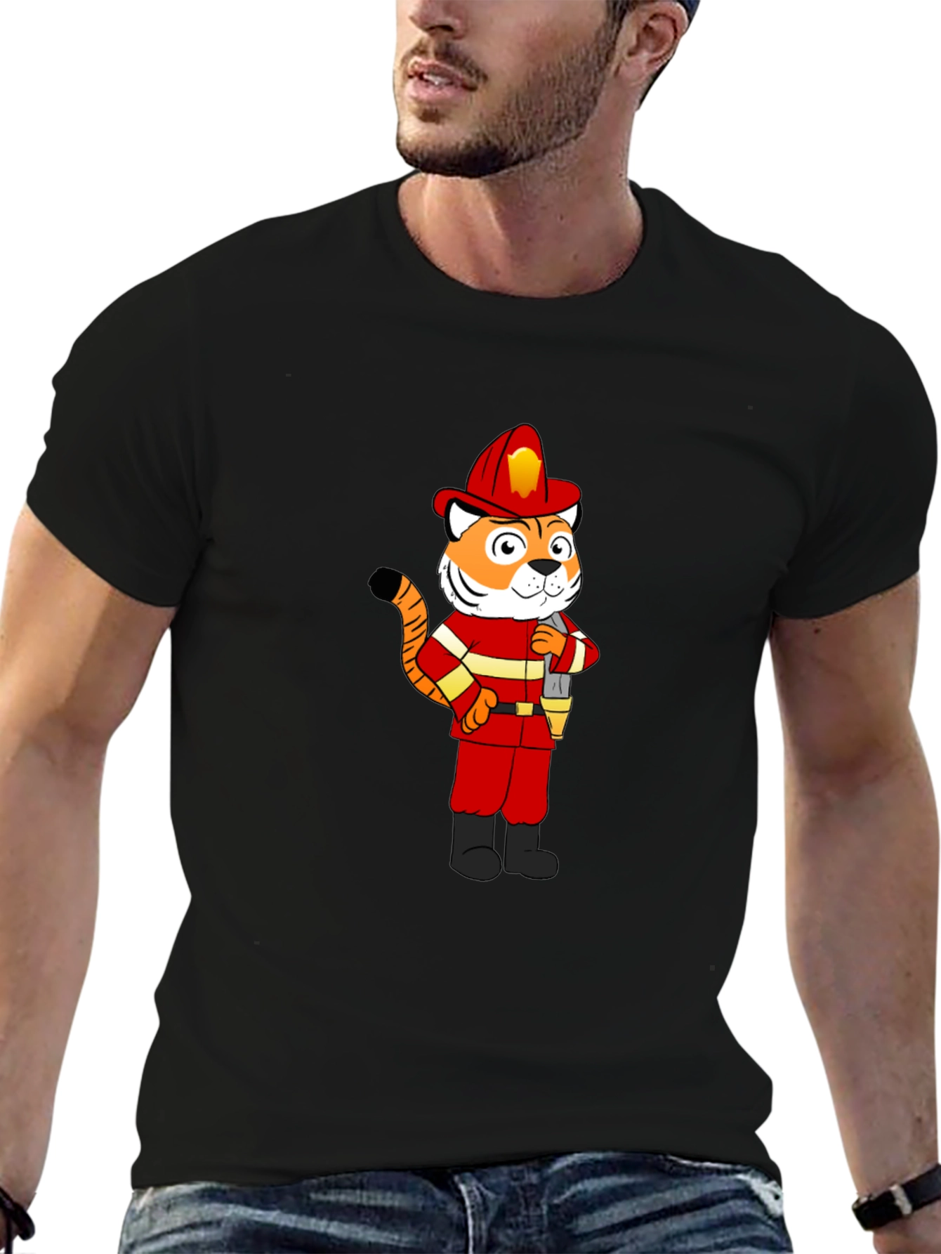Tiger Firefighter T-Shirt - Black Crew Neck Tee