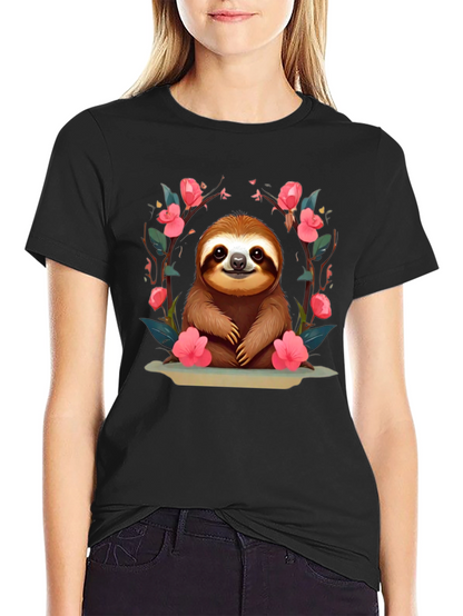 Cute Sloth Floral T-Shirt - Relaxed Fit