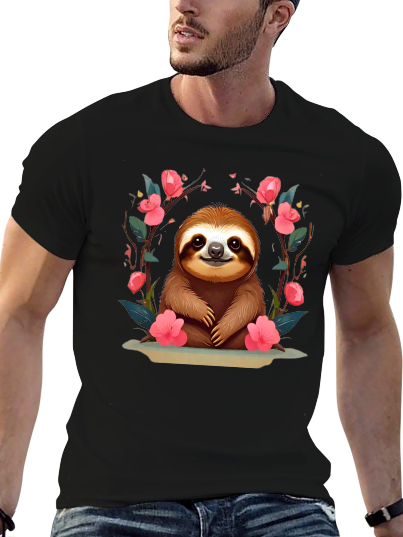 Cute Sloth Floral T-Shirt - Relaxed Fit