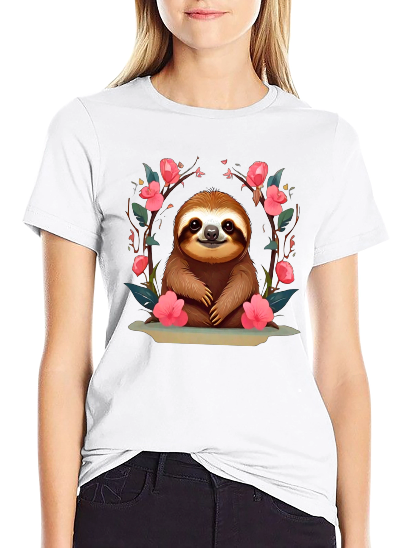 Cute Sloth Floral T-Shirt - Relaxed Fit