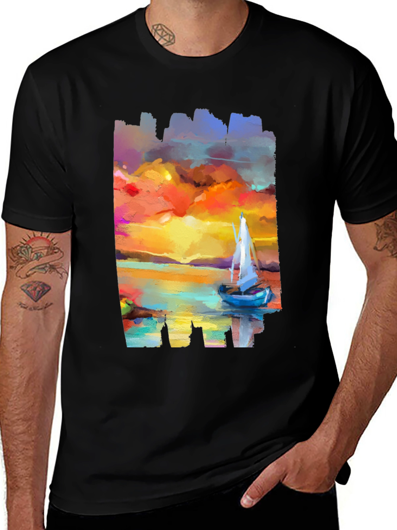 Sailboat Sunset Graphic Tee - Artistic Black T-Shirt