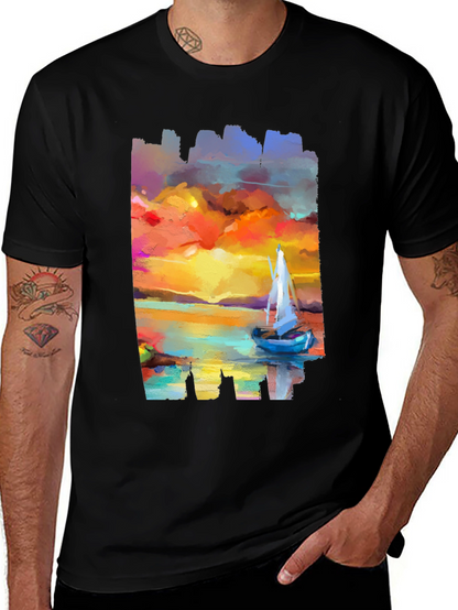 Sailboat Sunset Graphic Tee - Artistic Black T-Shirt