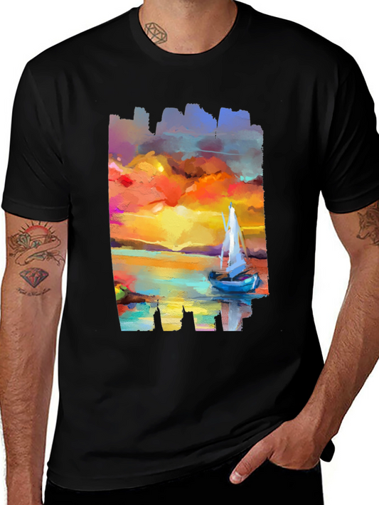 Sailboat Sunset Graphic Tee - Artistic Black T-Shirt