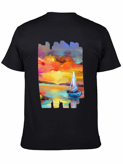 Sailboat Sunset Graphic Tee - Artistic Black T-Shirt