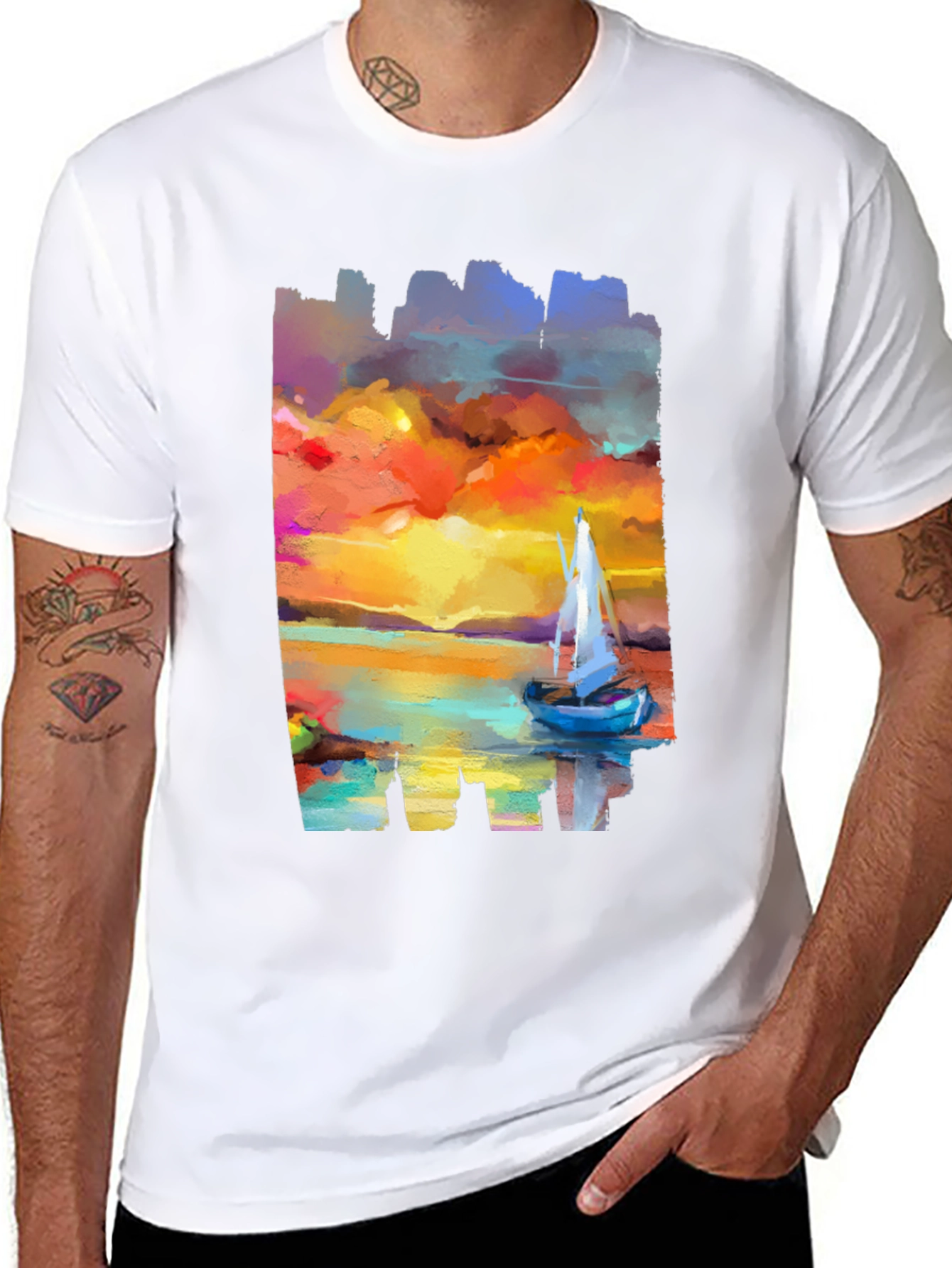 Sailboat Sunset Graphic Tee - Artistic Black T-Shirt