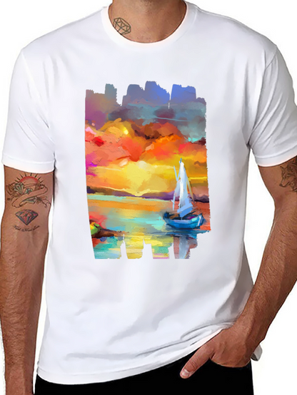 Sailboat Sunset Graphic Tee - Artistic Black T-Shirt