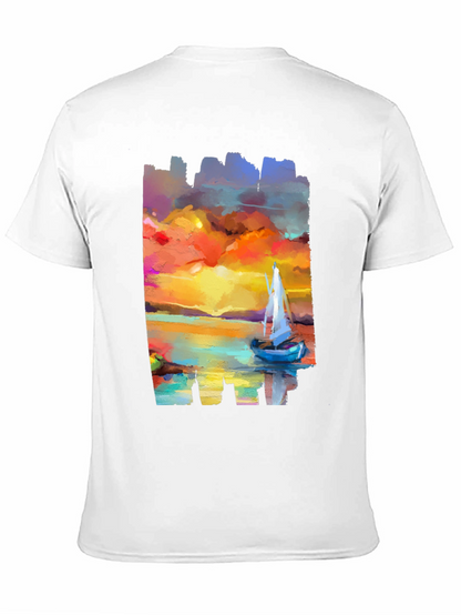 Sailboat Sunset Graphic Tee - Artistic Black T-Shirt
