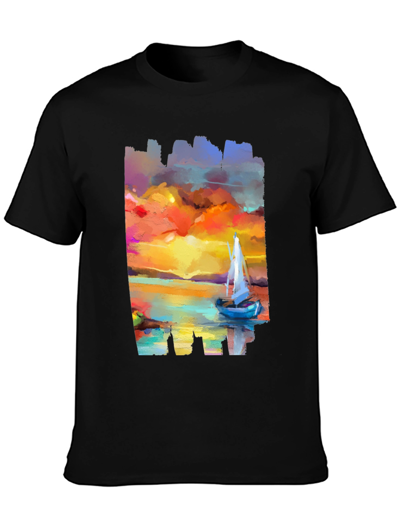 Sailboat Sunset Graphic Tee - Artistic Black T-Shirt