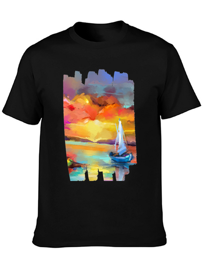 Sailboat Sunset Graphic Tee - Artistic Black T-Shirt