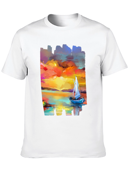 Sailboat Sunset Graphic Tee - Artistic Black T-Shirt