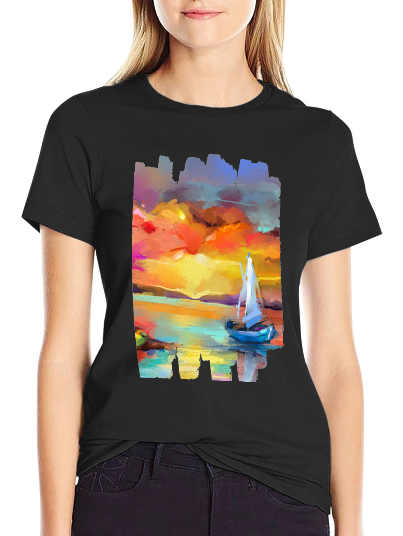 Sailboat Sunset Graphic Tee - Artistic Black T-Shirt