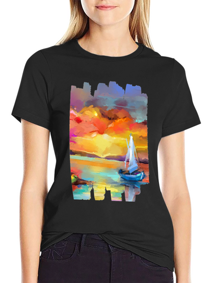 Sailboat Sunset Graphic Tee - Artistic Black T-Shirt