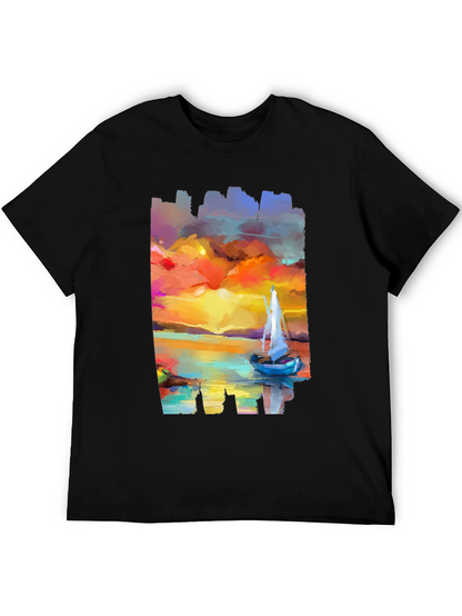 Sailboat Sunset Graphic Tee - Artistic Black T-Shirt