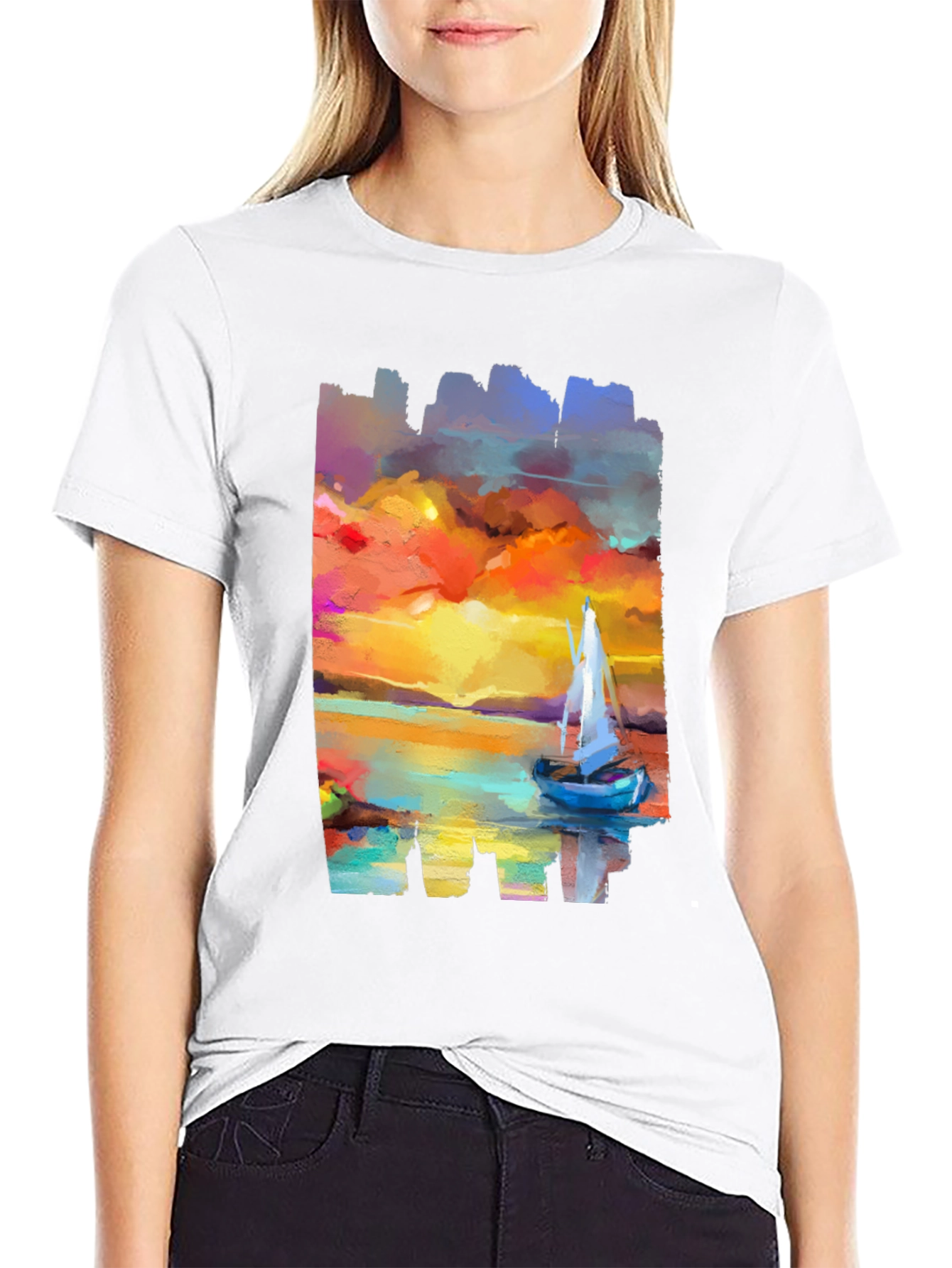 Sailboat Sunset Graphic Tee - Artistic Black T-Shirt