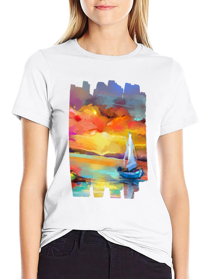 Sailboat Sunset Graphic Tee - Artistic Black T-Shirt