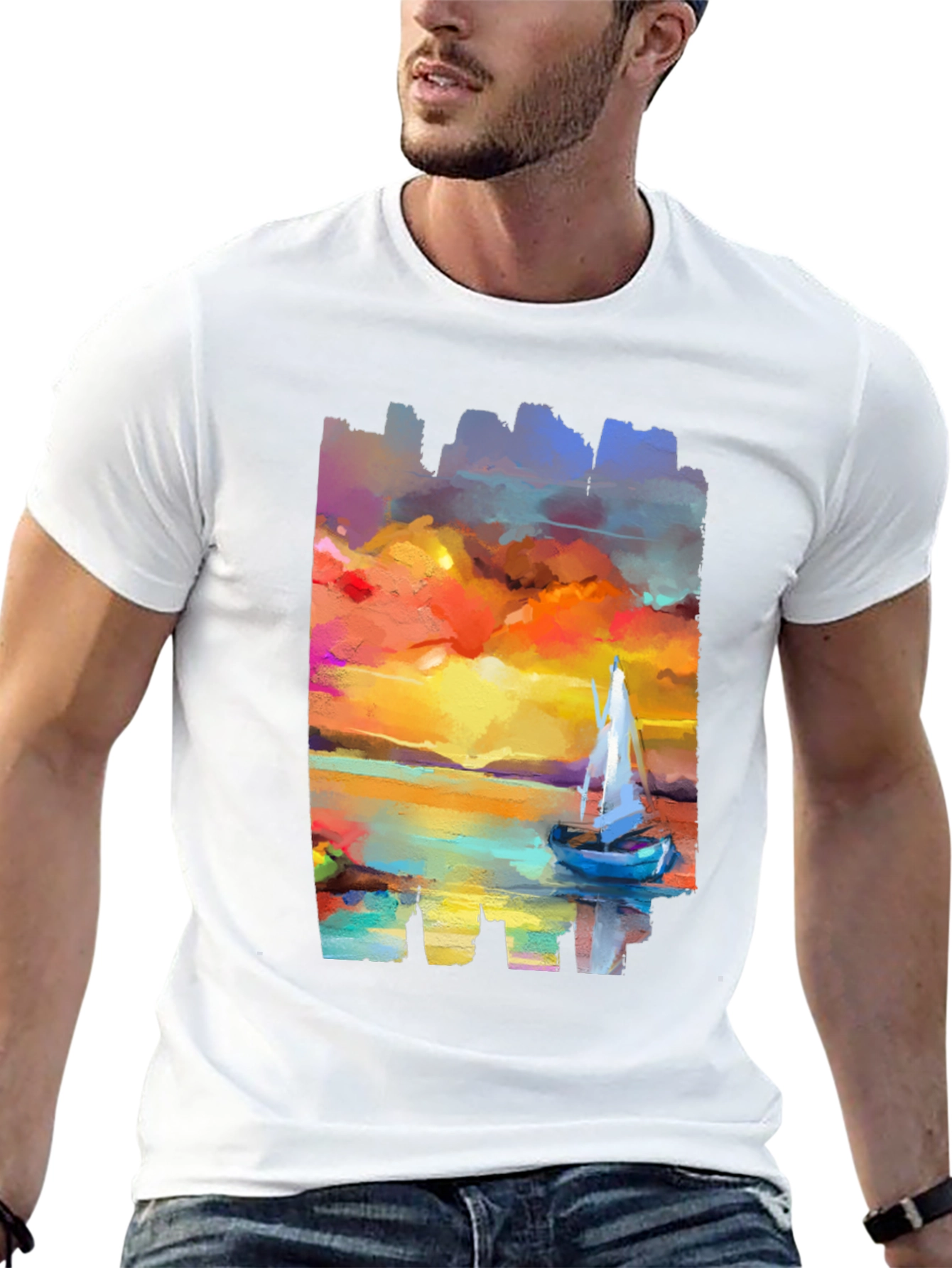Sailboat Sunset Graphic Tee - Artistic Black T-Shirt