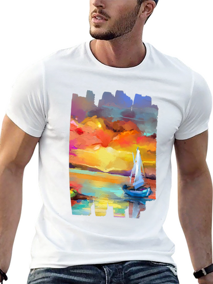 Sailboat Sunset Graphic Tee - Artistic Black T-Shirt