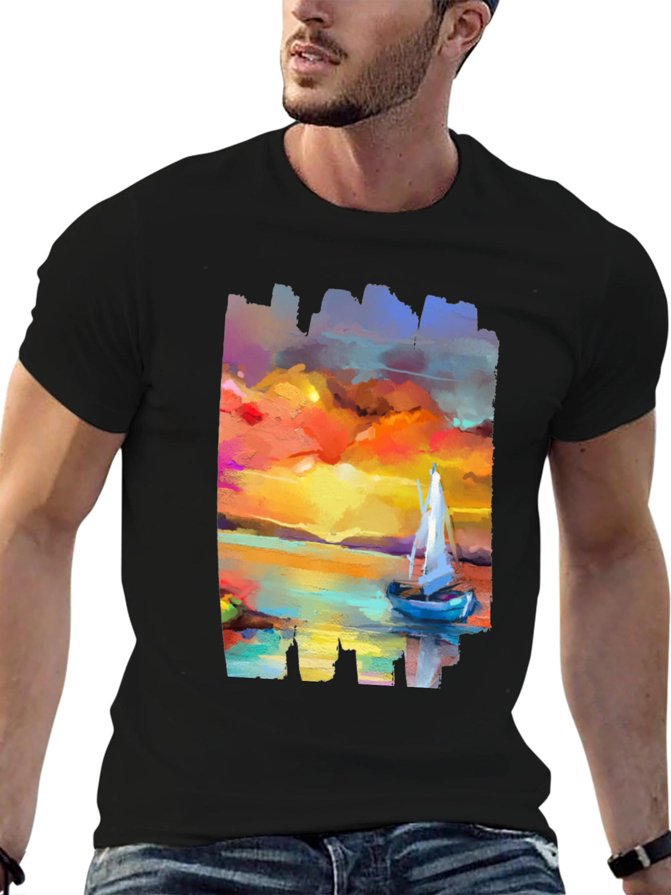 Sailboat Sunset Graphic Tee - Artistic Black T-Shirt