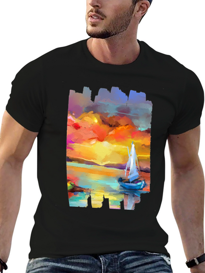 Sailboat Sunset Graphic Tee - Artistic Black T-Shirt
