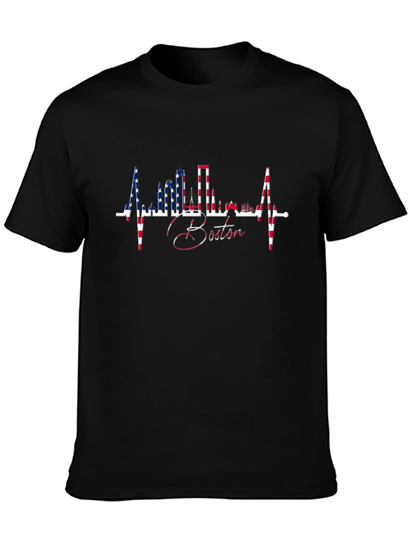 Boston Skyline Heartbeat USA Flag T-Shirt