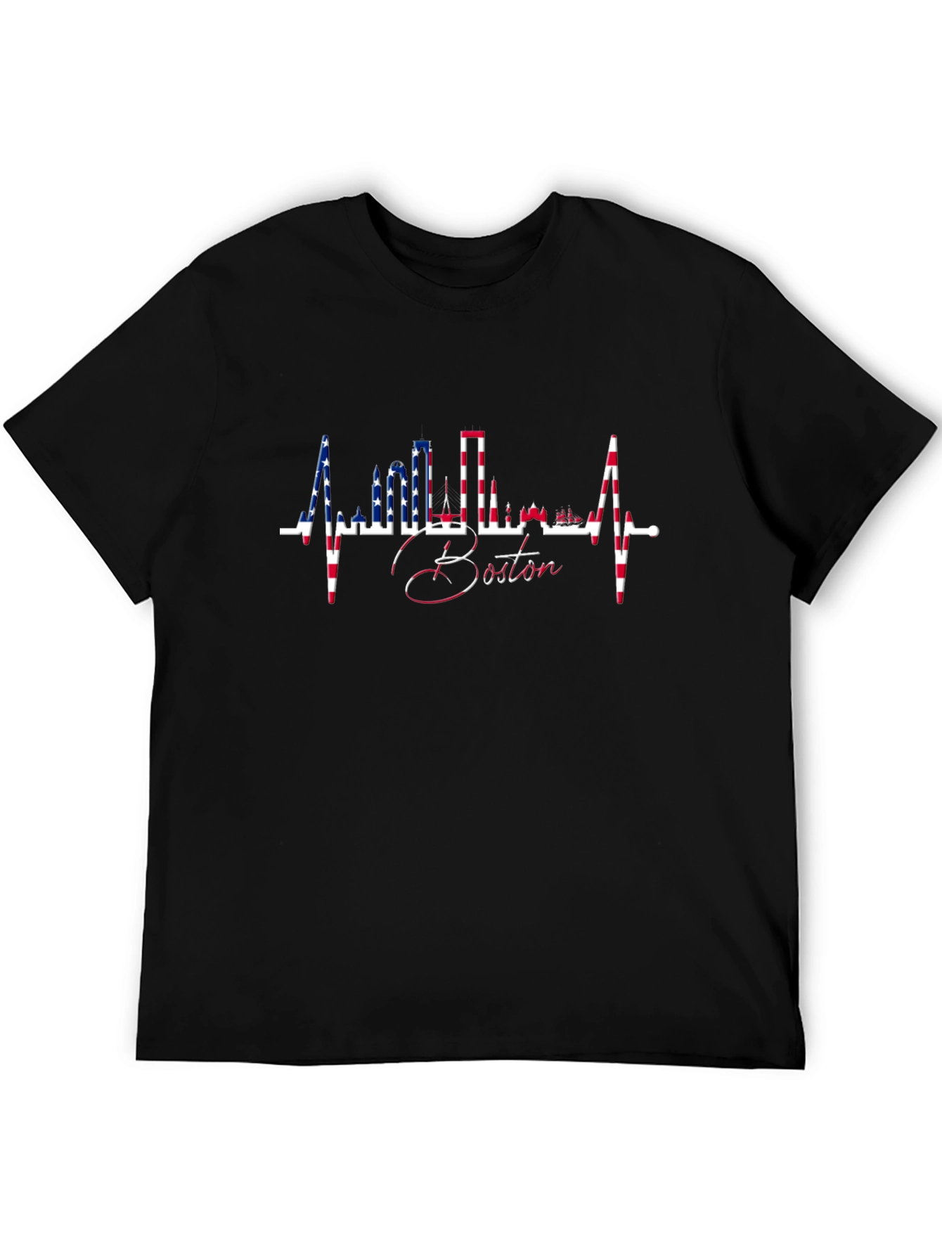 Boston Skyline Heartbeat USA Flag T-Shirt