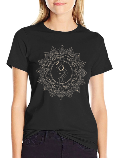 Aquarius Zodiac Mandala Graphic Tee - Black Cotton
