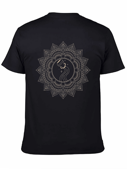 Aquarius Zodiac Mandala Graphic Tee - Black Cotton