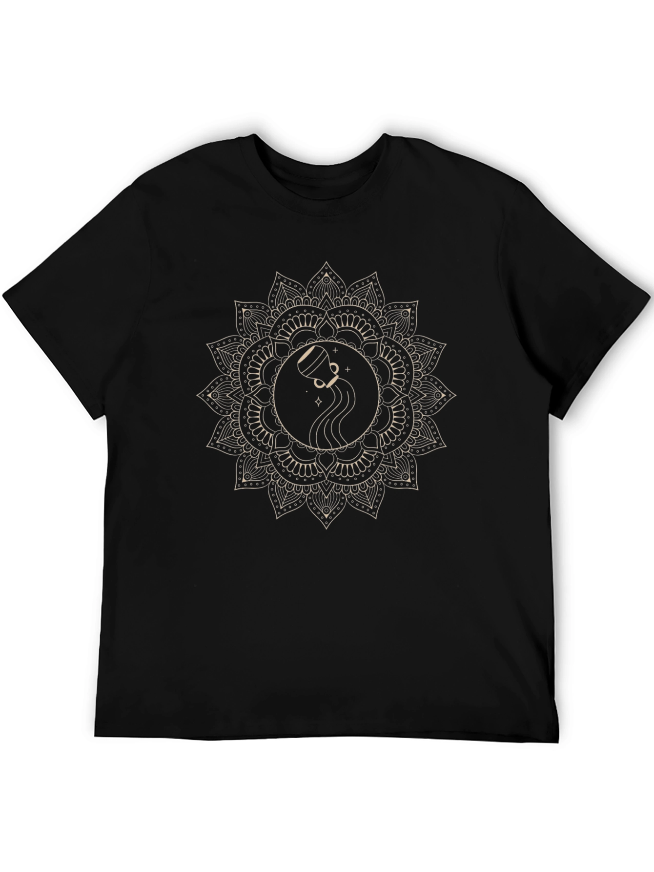 Aquarius Zodiac Mandala Graphic Tee - Black Cotton
